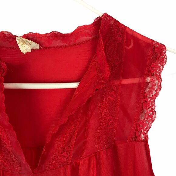 Texsheen‎ Vintage Red Nightgown Medium Nylon Lace Maxi Gown Babydoll Lingerie - Picture 5 of 7